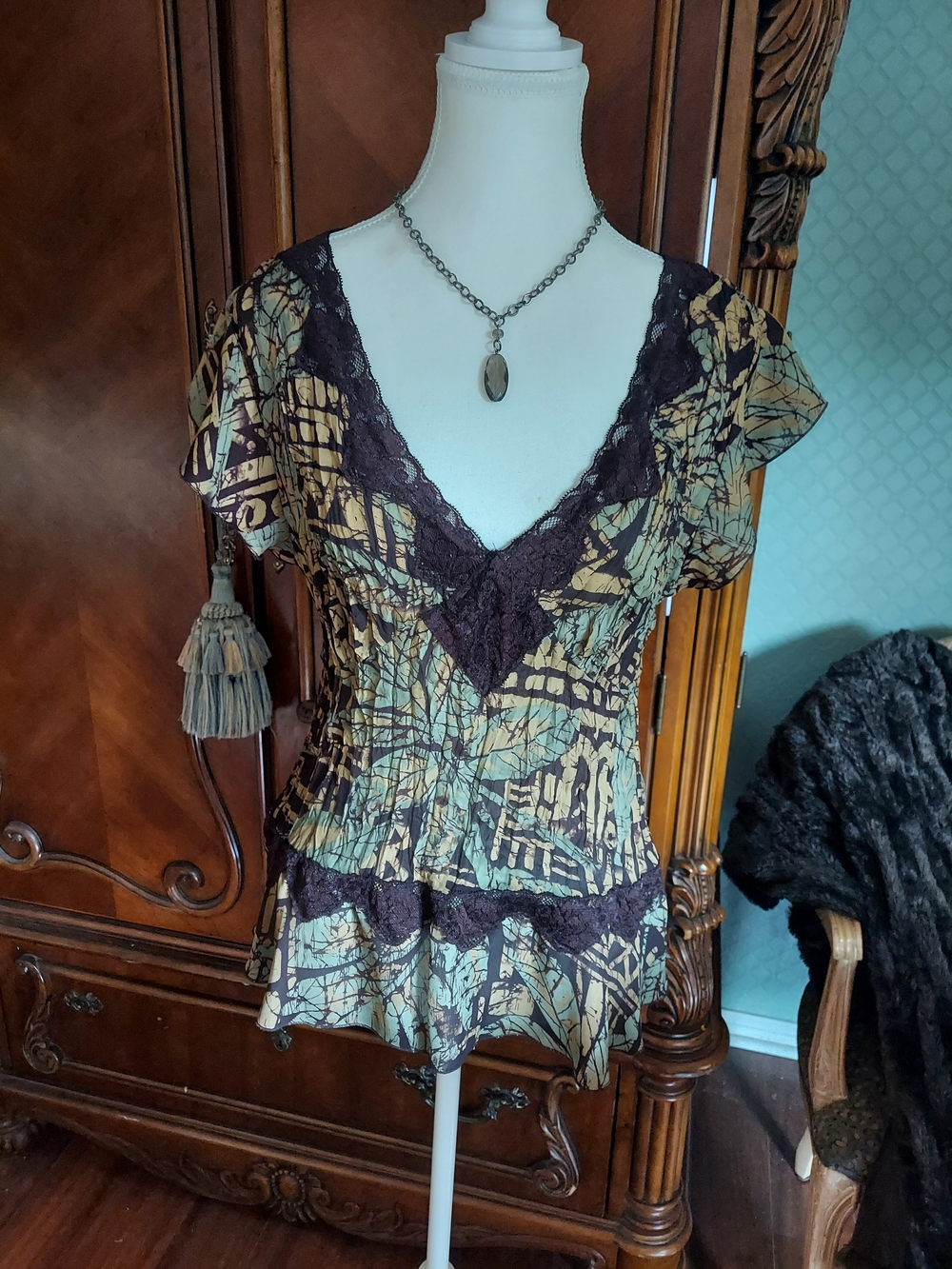 Sunny Leigh Brown and Tan Lace-Trim V-Neck Blouse